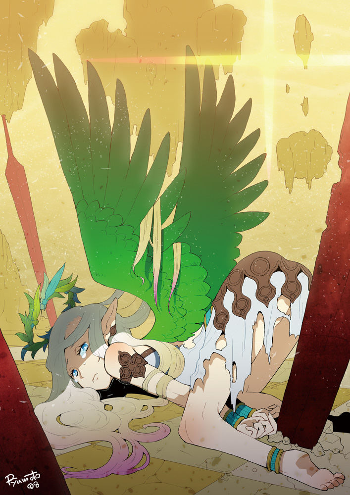 hamamoto ryuusuke, ass, barefoot, blue eyes, checkered floor, green wings, halo, long hair, pointy ears, solo, tears, top-down bottom-up, torn clothes, wings