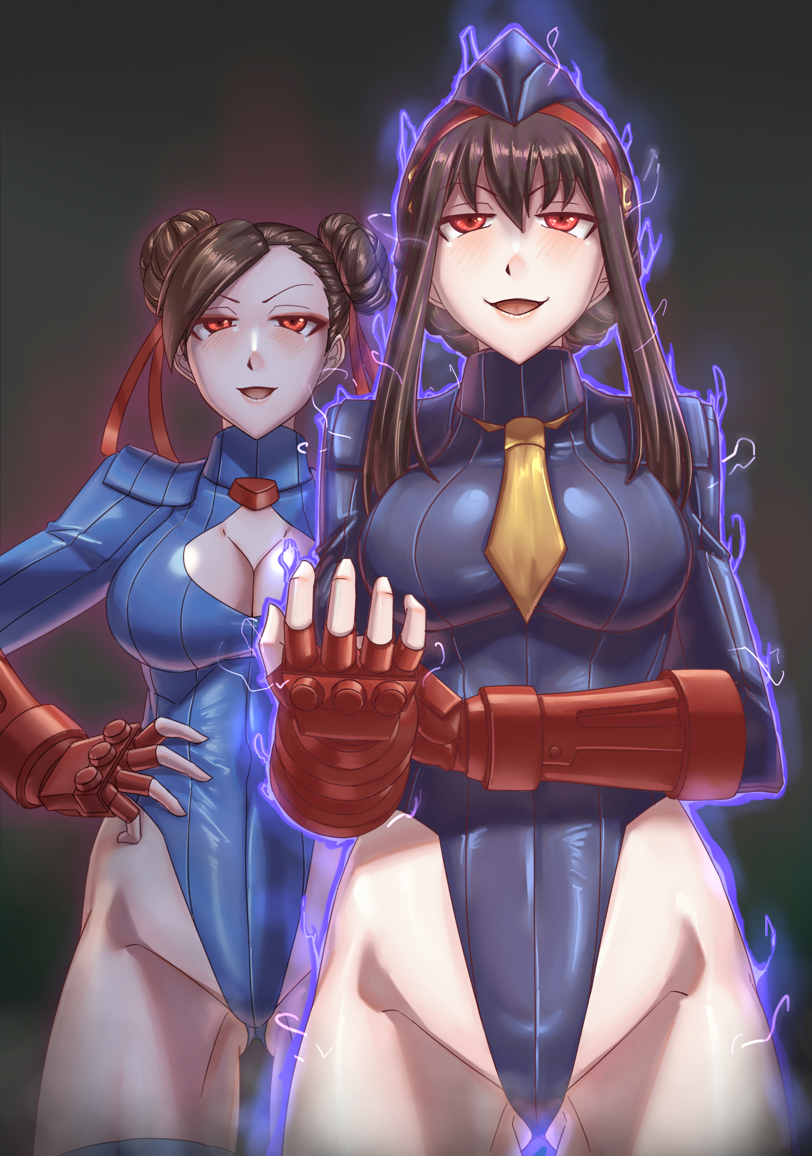 leebigtree, shadaloo, chun-li, yor briar, capcom, street fighter, commentary, highres, symbol-only commentary, 2girls, bare shoulders, black dress, black hair, black leotard, blue leotard, breasts, brown hair, collarbone, corruption, dark persona, double bun, dress, electricity, evil smile, eyeshadow, fighting stance, fingerless gloves, gloves, groin, hair bun, hairband, heattech leotard, highleg, highleg leotard, large breasts, leotard, long hair, makeup, mind control, multiple girls, necktie, one eye closed, red eyes, red eyeshadow, red gloves, red hairband, ribbed leotard, shadaloo dolls, sidelocks, smile, thighhighs, thong leotard, turtleneck, yellow necktie