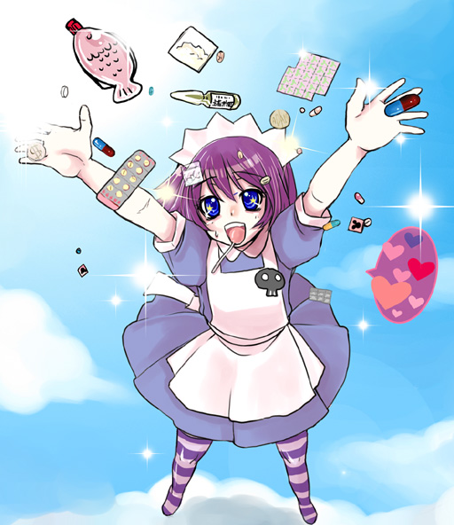 doru riheko, yakui, futaba channel, nijiura, nijiura maids, 1girl, blue eyes, dress, drugs, female focus, fish bottle, full body, heart, maid, outdoors, outstretched arms, pill, purple hair, short hair, sky, solo, striped clothes, striped thighhighs, thighhighs