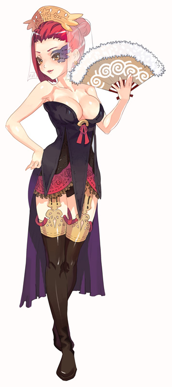 natsuhara, original, 1girl, bare shoulders, boots, breasts, cleavage, female focus, garter belt, hand fan, legs, lips, medium breasts, red hair, simple background, solo, thigh boots, thighhighs