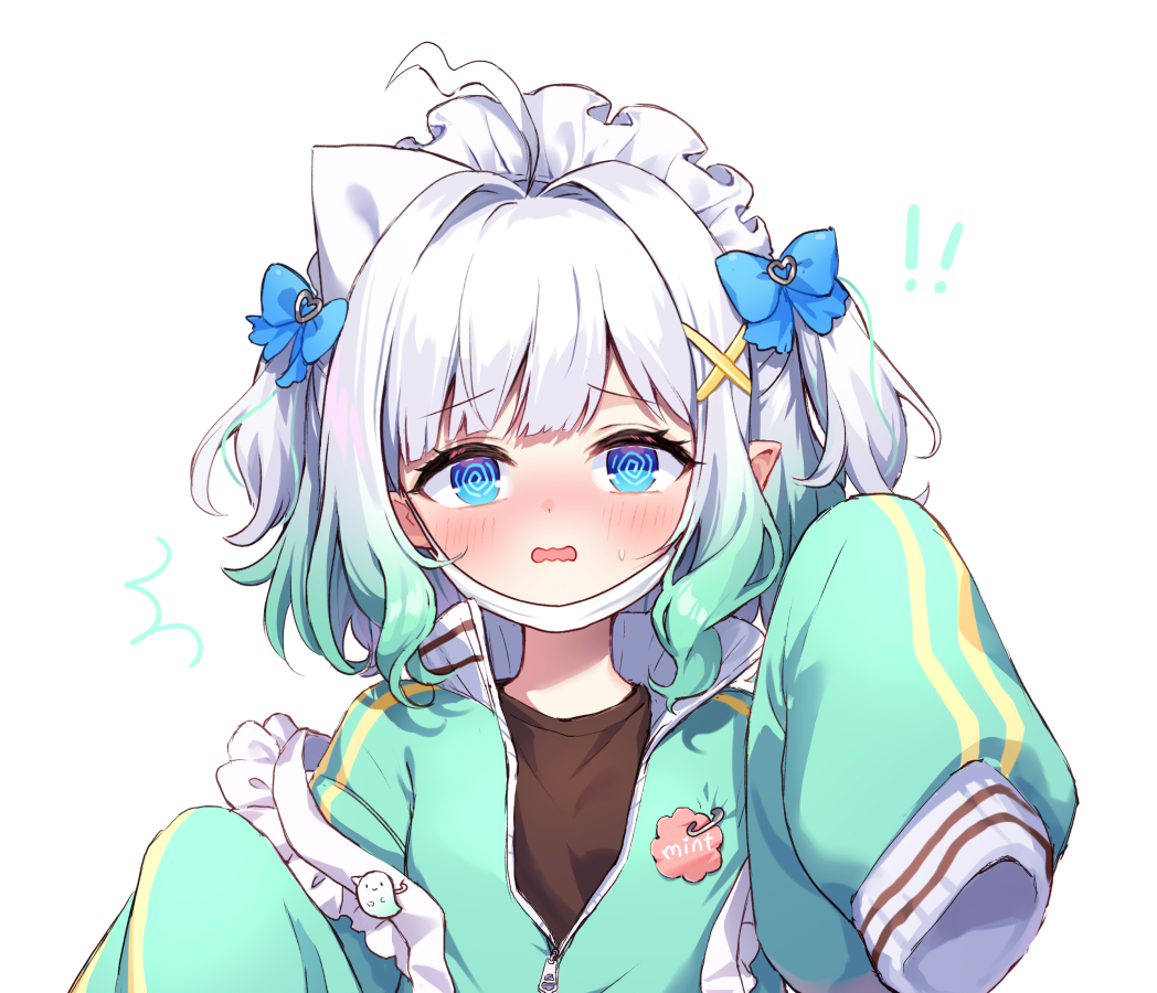 moorina, mint fantome, mint fantome (minto 2.0), indie virtual youtuber, commentary, english commentary, !, !!, 1girl, @ @, ^^^, ahoge, black shirt, blue bow, blue eyes, bow, gradient hair, green hair, hair bow, hair intakes, jacket, looking at viewer, maid headdress, multicolored hair, partially unzipped, shirt, short hair, sleeves past wrists, solo, t-shirt, track jacket, two-tone hair, upper body, very long sleeves, virtual youtuber, white background, white hair, zipper, zipper pull tab