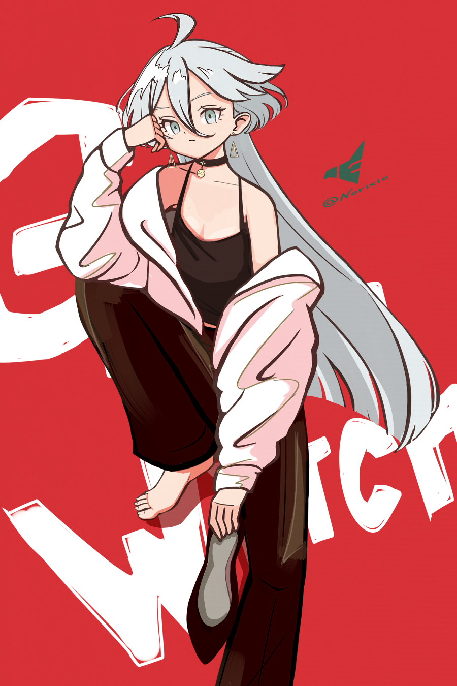 norixio, miorine rembran, gundam, gundam suisei no majo, highres, 1girl, ahoge, artist name, barefoot, black choker, black pants, black shirt, black shoes, blunt ends, choker, coat, coat partially removed, earrings, grey eyes, grey hair, hair between eyes, head on hand, holding, holding shoes, holding unworn clothes, jewelry, long hair, long sleeves, looking at viewer, pants, pendant choker, red background, shirt, shoes, solo, spaghetti strap, twitter username, unworn shoes, white coat