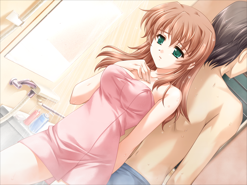 yoshimori masaki, reconquista, game cg, 1boy, 1girl, back-to-back, breasts, dutch angle, green eyes, impossible towel, mixed-sex bathing, naked towel, shared bathing, showering, towel, wet