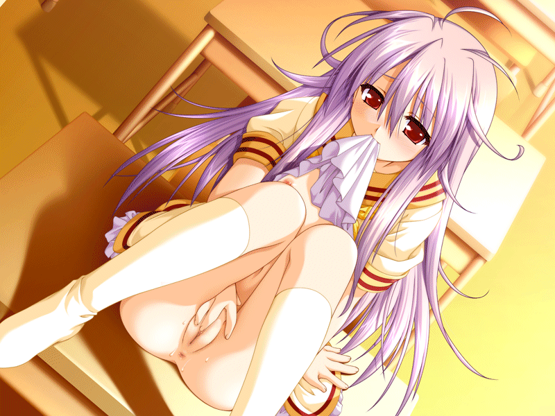 alpha (yukai na nakamatachi), suzuhara shino, konna ko ga itara boku wa mou, animated, animated gif, game cg, non-web source, 1girl, anus, blush, breasts, clothed masturbation, desk, dutch angle, female focus, female masturbation, fingering, flat chest, kneehighs, long hair, masturbation, mouth hold, nipples, on desk, purple hair, pussy, red eyes, school desk, school uniform, sitting, socks, solo, uncensored