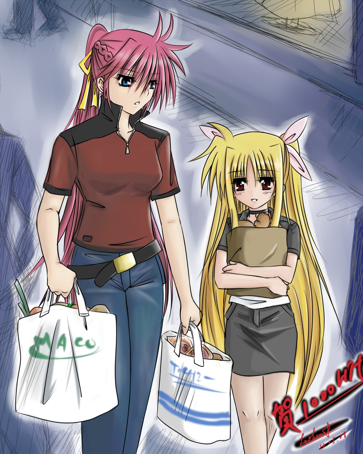 leoheart, fate testarossa, signum, lyrical nanoha, mahou shoujo lyrical nanoha, mahou shoujo lyrical nanoha a's, highres, 00s, 2girls, bag, blonde hair, blue eyes, blush, casual, long hair, multiple girls, pencil skirt, pink hair, red eyes, shopping, skirt, very long hair