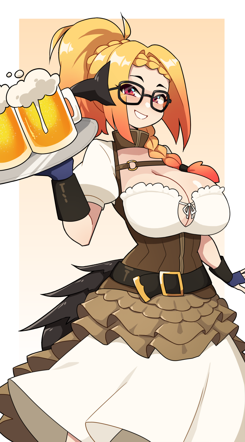 daigada, final fantasy, final fantasy xiv, original, commission, highres, 1girl, alcohol, au ra, beer, beer mug, black-framed eyewear, blonde hair, breasts, cleavage, cup, eyes visible through hair, glasses, gradient hair, holding, holding tray, large breasts, long hair, looking at viewer, mug, multicolored hair, open mouth, orange hair, puffy short sleeves, puffy sleeves, red eyes, short sleeves, smile, tray, two-tone hair
