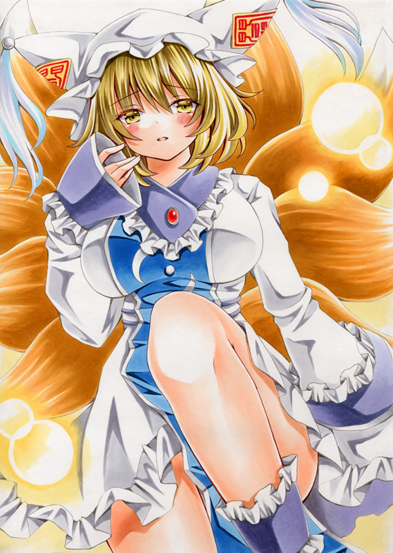 suzune koto (avuu3784), yakumo ran, touhou, commentary, marker (medium), traditional media, 1girl, animal hat, blonde hair, blue tabard, blush, breasts, fox tail, hat, kitsune, large breasts, long sleeves, looking at viewer, medium hair, mob cap, multiple tails, open mouth, solo, tabard, tail, yellow eyes