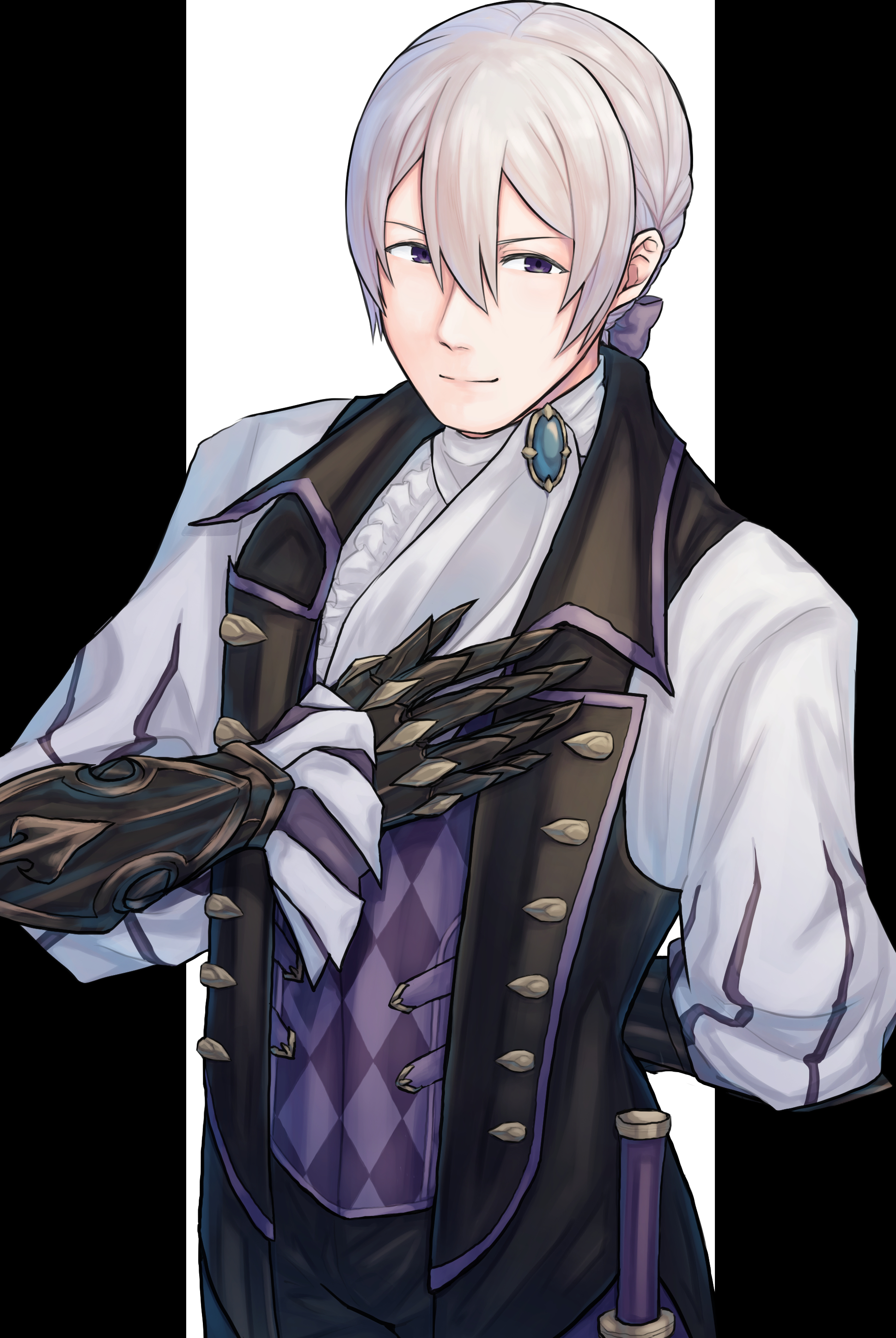 yuki12046, jakob (fire emblem), fire emblem, fire emblem fates, nintendo, absurdres, highres, 1boy, aristocratic clothes, bow, butler, grey eyes, grey hair, hair bow, male focus, nohrian butler uniform, purple bow, solo, tuxedo shirt, upper body