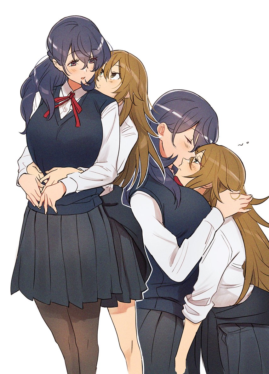 404no2929, original, commentary request, 2girls, black hair, black skirt, black sweater vest, blush, breasts, brown hair, closed mouth, collared shirt, couple, hug, hug from behind, kiss, kissing nose, large breasts, long hair, long sleeves, multiple girls, multiple views, neck ribbon, outline, pantyhose, parted lips, pleated skirt, red ribbon, ribbon, school uniform, shirt, simple background, skirt, standing, sweater vest, white background, white outline, white shirt, wing collar, yuri