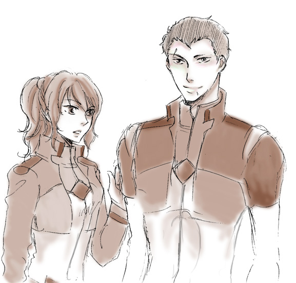 nau, feldt grace, lasse aeon, gundam, gundam 00, uniform, 00s, 1boy, 1girl, brown theme, long sleeves, looking at viewer, monochrome, ponytail, short hair, simple background, upper body, white background