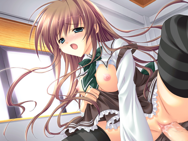 ryouka (suzuya), nagase minato, akane-iro ni somaru saka, animated, animated gif, game cg, non-web source, 1girl, blue eyes, blush, bow, breasts, brother and sister, brown hair, clothed sex, cowgirl position, girl on top, incest, long hair, nipples, open mouth, penis, purple hair, school uniform, sex, siblings, solo focus, straddling, thighhighs, uncensored, vaginal