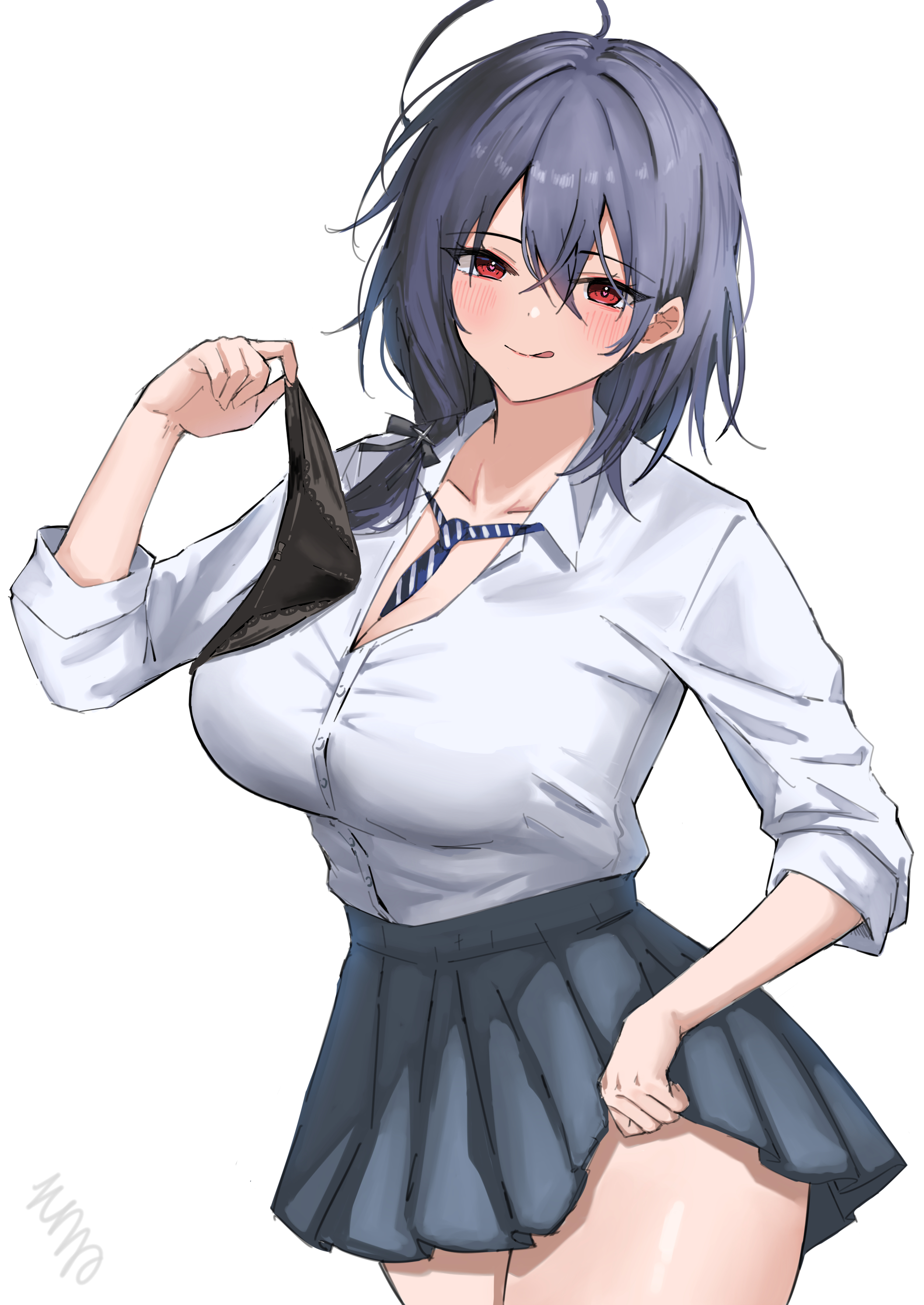 soul (dp11), pittsburgh (azur lane), azur lane, absurdres, highres, 1girl, :d, alternate costume, bare shoulders, between breasts, black necktie, black panties, blush, breasts, cleavage, cowboy shot, hair between eyes, large breasts, long hair, long sleeves, looking at viewer, necktie, necktie between breasts, no panties, open mouth, panties, pleated skirt, red eyes, sailor collar, school uniform, shirt, skirt, smile, solo, underwear, white background, white shirt