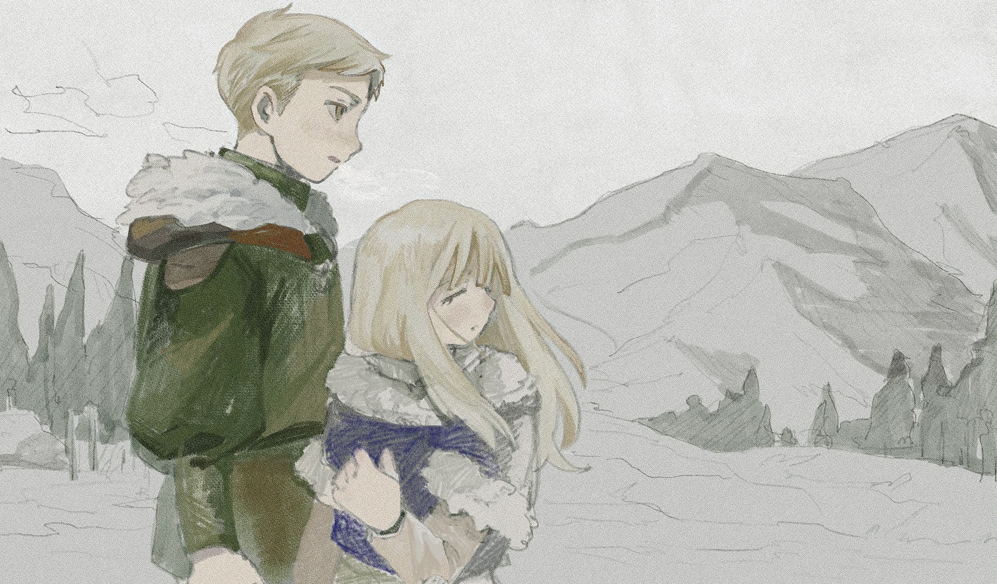 29 kyuu, falin touden, laios touden, dungeon meshi, commentary request, highres, 1boy, 1girl, aged down, blue jacket, brother and sister, closed eyes, expressionless, fur-trimmed jacket, fur trim, green jacket, hood, hooded jacket, jacket, long hair, mountainous horizon, parted lips, partially colored, puffy sleeves, short hair, siblings, tree, yellow eyes