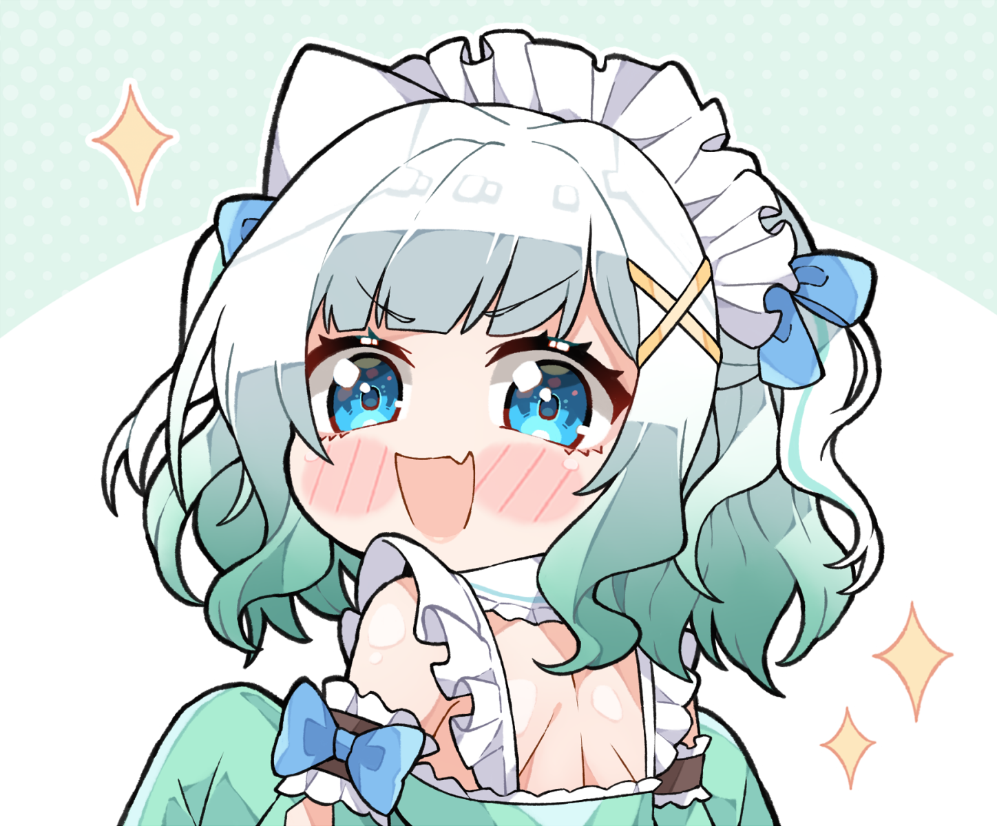 kukie-nyan, mint fantome, mint fantome (minto 2.0), indie virtual youtuber, commentary, english commentary, highres, 1girl, :d, blue bow, blue eyes, blush, bow, chibi, detached sleeves, fang, from behind, gradient hair, green background, green hair, hair ornament, looking at viewer, looking back, maid headdress, multicolored hair, open mouth, short hair, sidelocks, sleeve garter, smile, solo, sparkle, triangular headpiece, two-tone background, two-tone hair, upper body, very long sleeves, virtual youtuber, white background, white hair, x hair ornament
