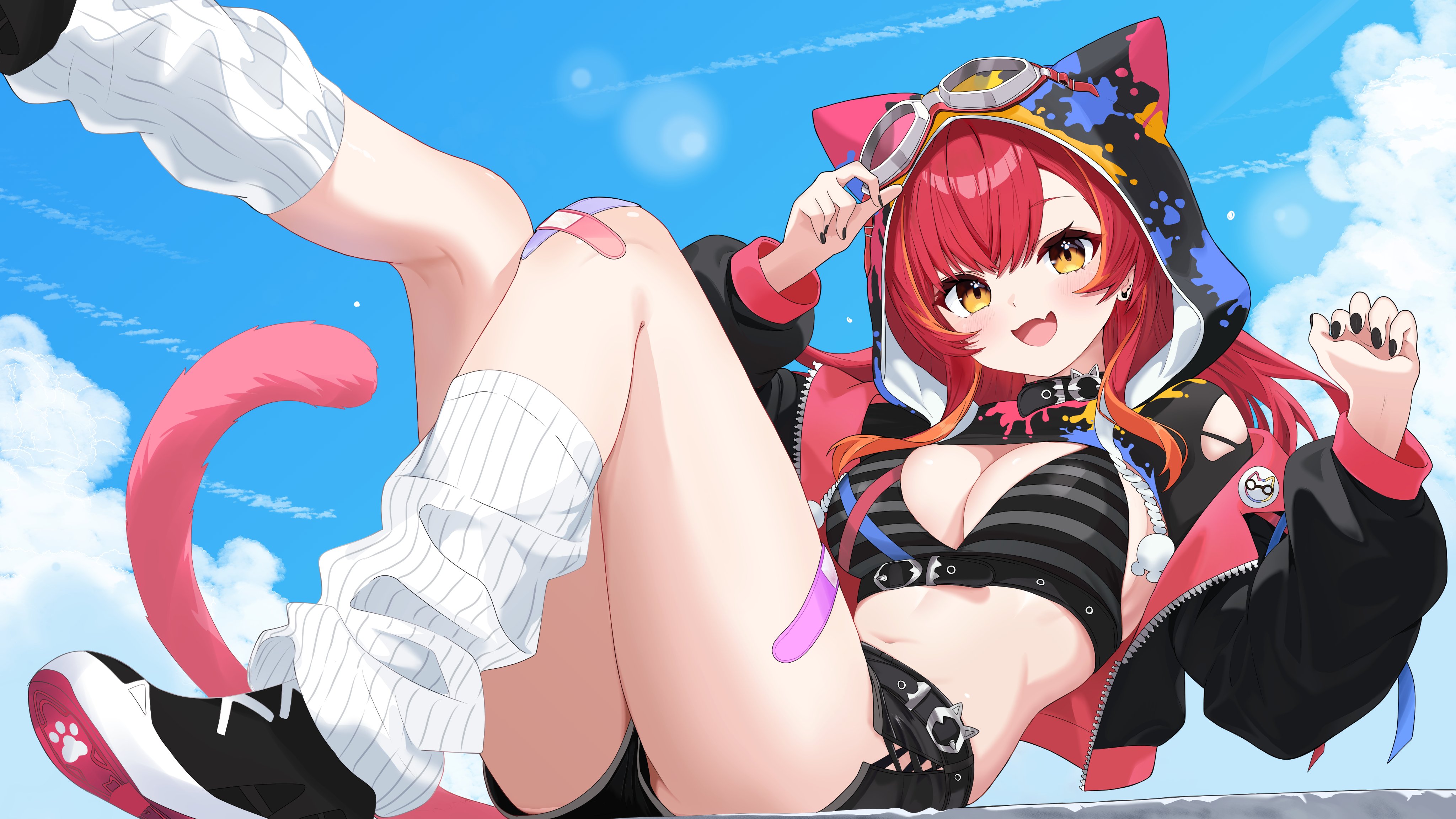 ruushe0416, nekota tsuna, vspo!, 1girl, bandaid, bandaid on leg, black bra, black shorts, bra, breasts, choker, cleavage, crop top, fang, hood, navel, red hair, shorts, sitting, solo, underwear, virtual youtuber