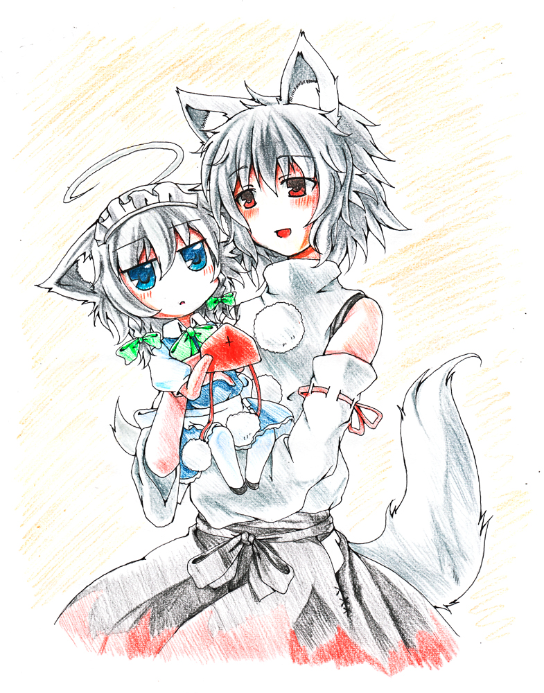 nejime, inu sakuya (nejikirio), inubashiri momiji, izayoi sakuya, touhou, silver hair, bad id, bad pixiv id, 2girls, ahoge, animal ears, bare shoulders, blue eyes, detached sleeves, dog ears, dog tail, female focus, hairband, hat, multiple girls, red eyes, ribbon, short hair, tail, tokin hat, wolf ears, wolf tail