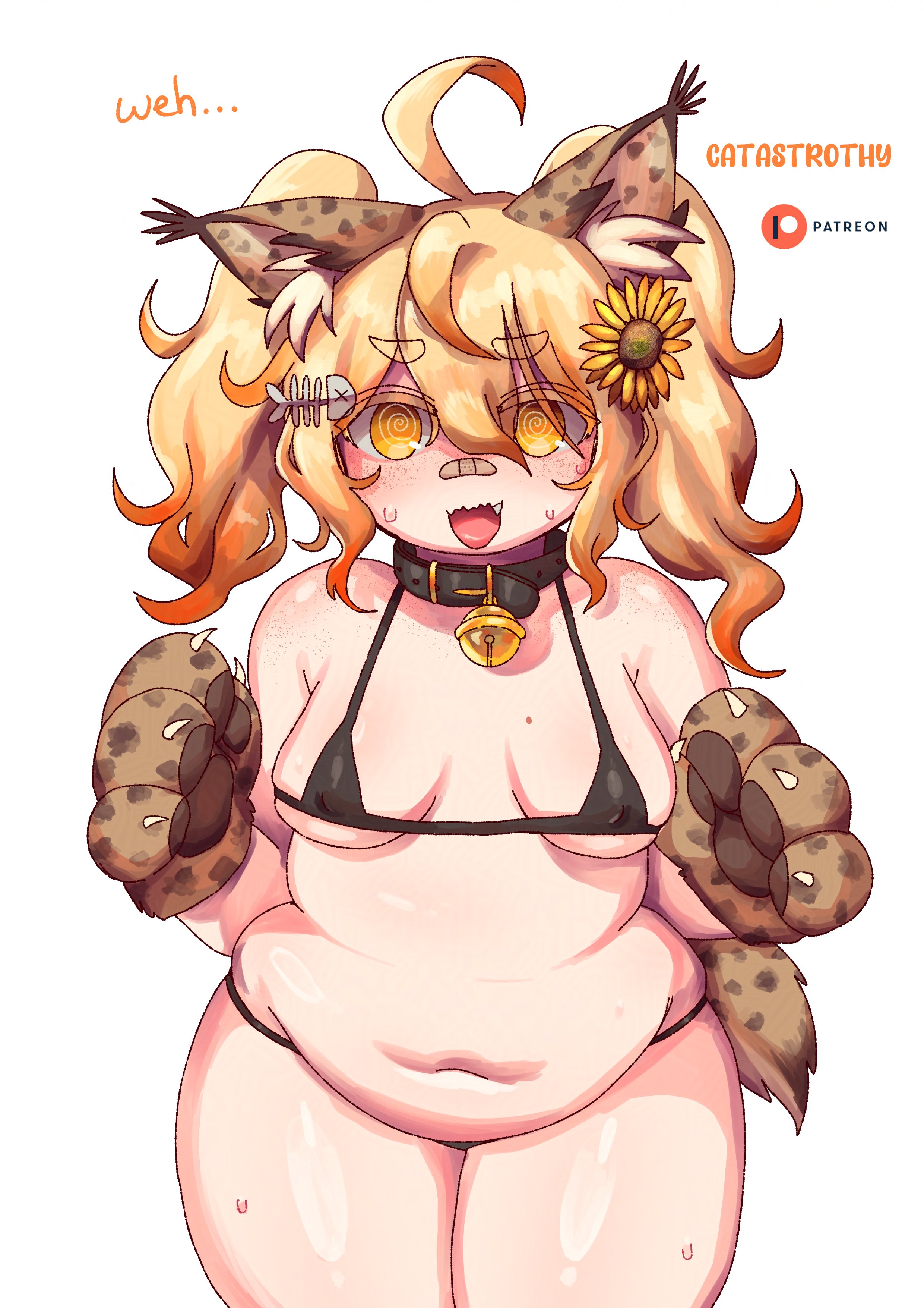 catastrothy, original, 1girl, @ @, ahoge, animal ear fluff, animal ears, artist name, bandaid, bandaid on face, bandaid on nose, bell, belly, belt collar, bikini, black bikini, black choker, blonde hair, body freckles, breasts, cat ears, choker, collar, cyan (vtuber), fang, fish skeleton, fish skeleton hair ornament, flower, freckles, gloves, hair flower, hair ornament, jingle bell, medium breasts, medium hair, micro bikini, mole, mole on breast, muffin top, neck bell, open mouth, patreon logo, paw gloves, plump, shoulder freckles, solo, standing, sunflower, sunflower hair ornament, sweat, swimsuit, tongue, twintails, virtual youtuber, wavy mouth, white background, wide hips, yellow eyes