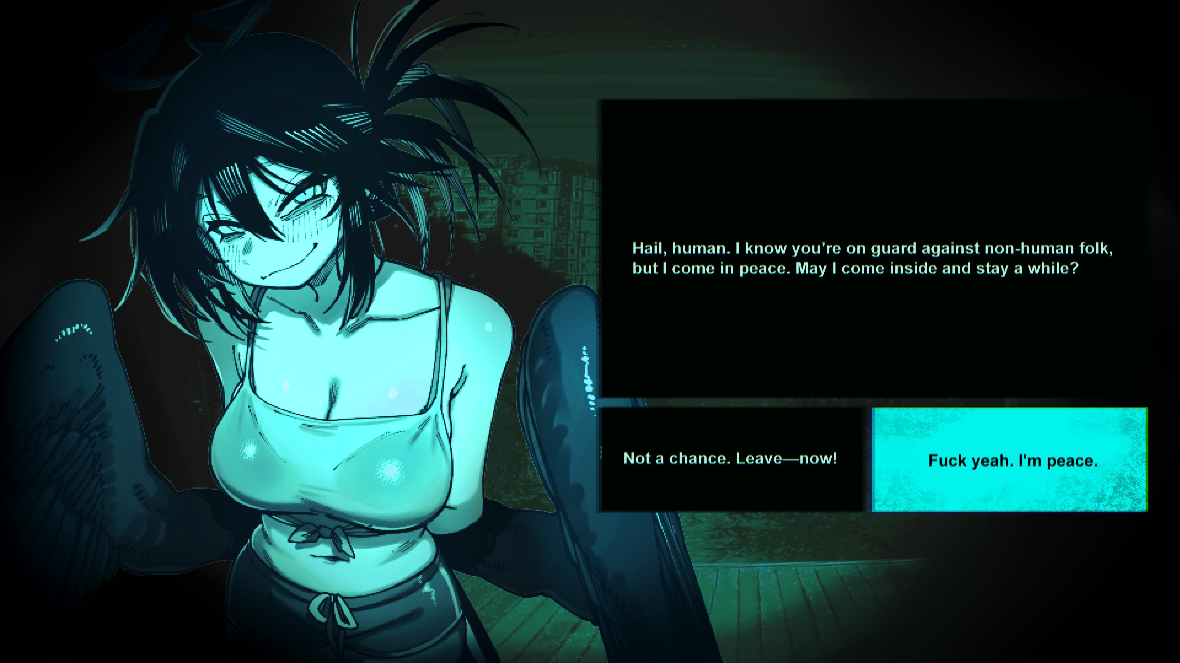 karasu raven, original, 1girl, arms behind back, choice, dialogue box, english text, monster girl, photo background, shorts, wings