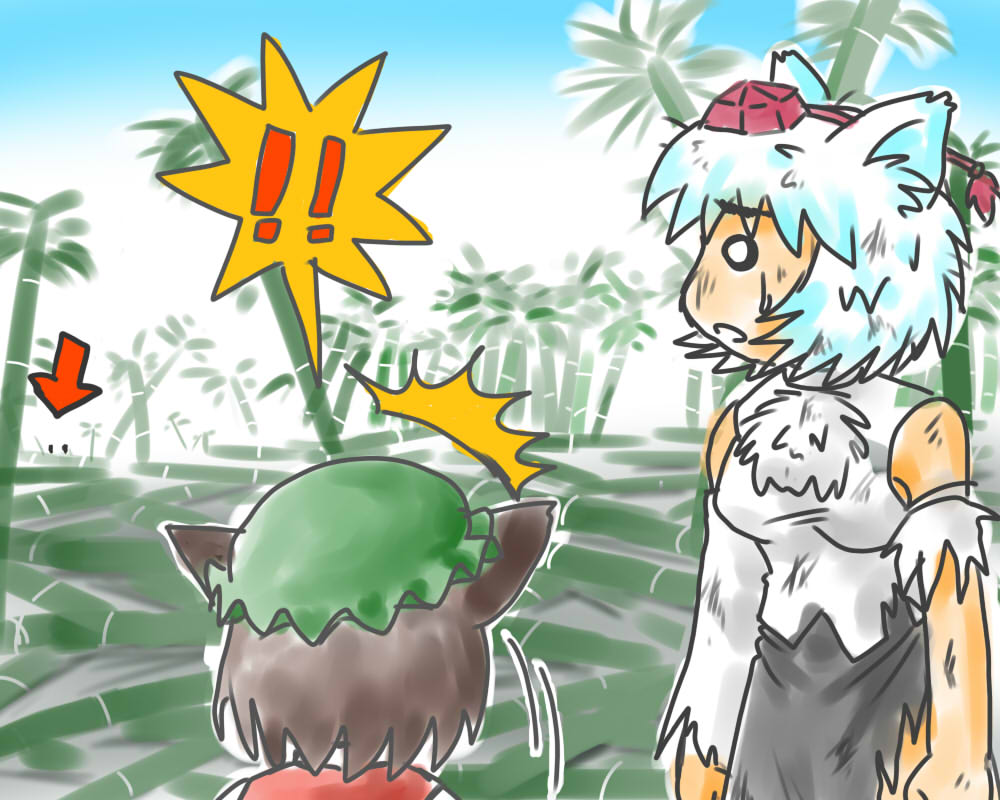 bit (kksbit), chen, fujiwara no mokou, inubashiri momiji, yakumo ran, touhou, bit, bad id, bad pixiv id, !, !!, 4girls, ^^^, animal ears, arrow (symbol), bamboo, bamboo forest, bare shoulders, brown hair, cat ears, cat girl, detached sleeves, female focus, forest, hat, multiple girls, nature, thick eyebrows, tokin hat, torn clothes, wolf ears