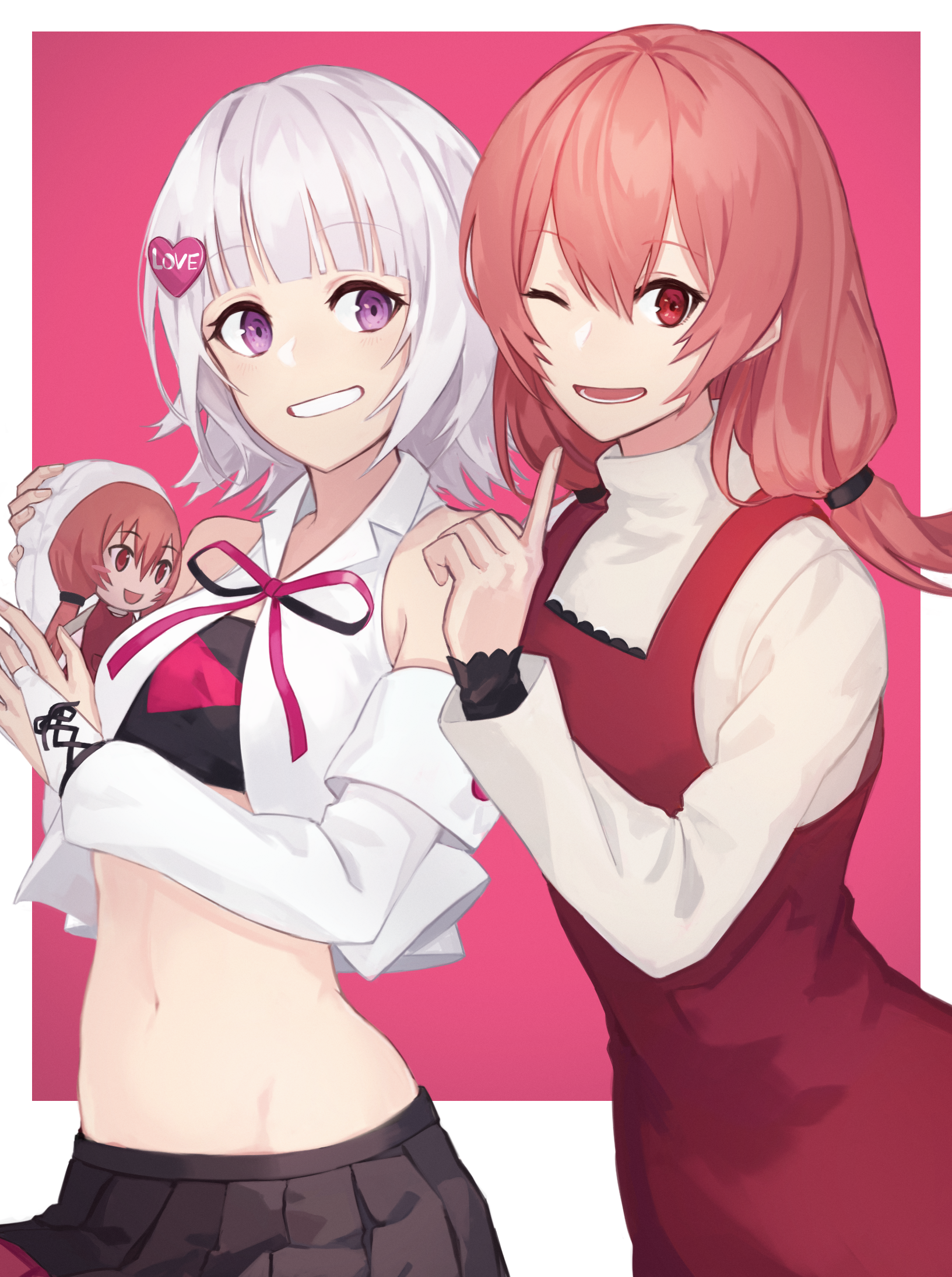 eilene, yomemi, icetea, artist request, tagme, groin, midriff, navel, one eye closed, short hair, skirt, smile, wink