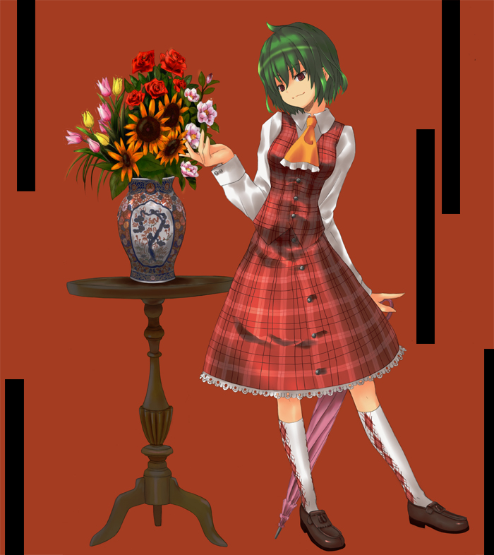 nabeshima tetsuhiro, kazami yuuka, touhou, 1girl, ascot, closed umbrella, female focus, flower, green hair, kneehighs, loafers, parasol, plaid clothes, plaid skirt, plaid vest, red background, red eyes, red flower, red rose, rose, shoes, short hair, skirt, skirt set, socks, solo, sunflower, table, tulip, umbrella, vase, vest