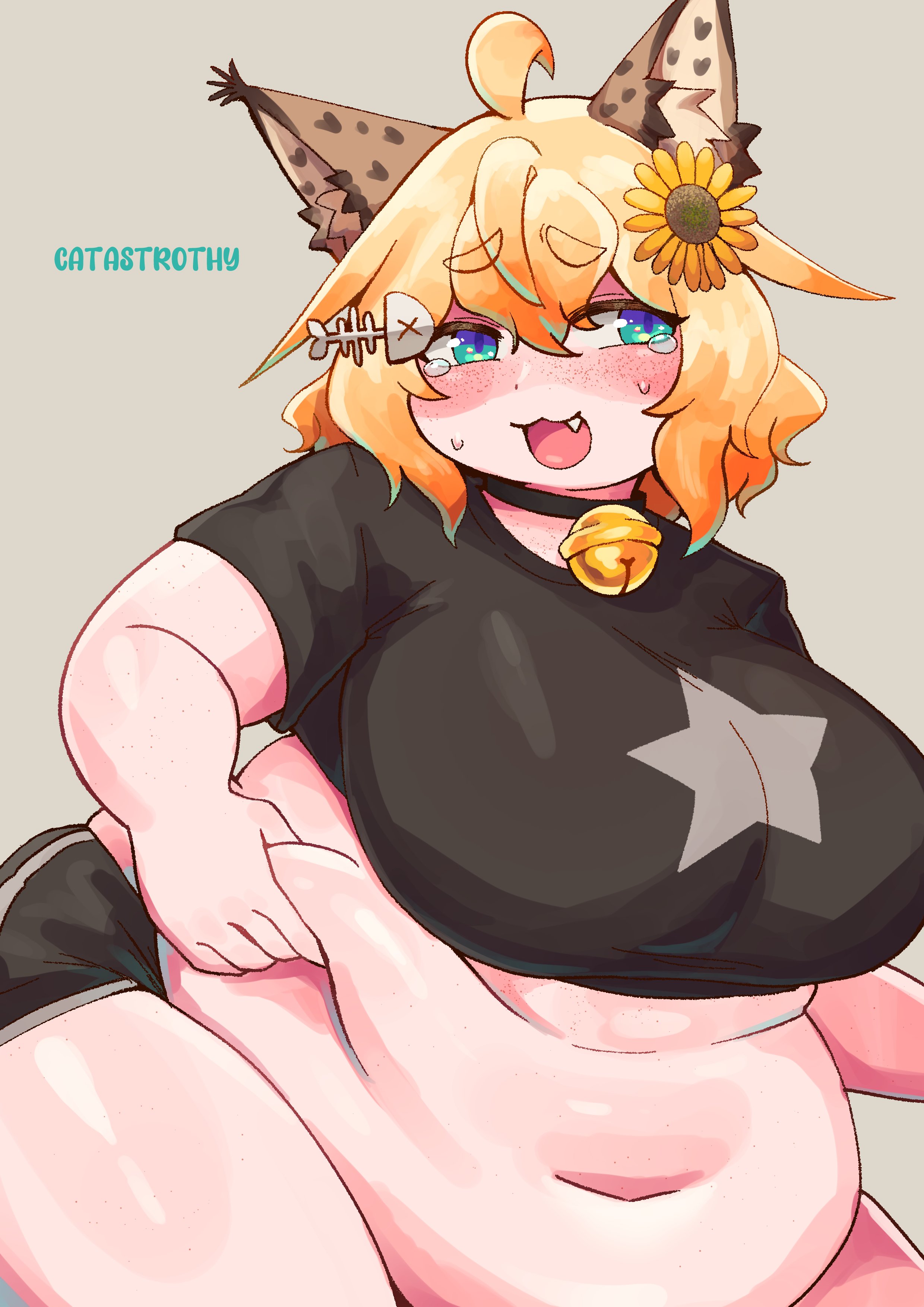 catastrothy, original, 1girl, :3, animal ear fluff, animal ears, artist name, bell, belly grab, black choker, black shirt, black shorts, blonde hair, blue eyes, blush, body freckles, cat ears, choker, crop top, cyan (vtuber), fang, fat, fat rolls, fat woman, fish skeleton, fish skeleton hair ornament, flower, freckles, grey background, gym shorts, hair flower, hair ornament, jingle bell, navel, neck bell, open mouth, shirt, short hair, short shorts, shorts, smile, solo, star (symbol), star print, sunflower, sunflower hair ornament, sweat, t-shirt, tears, virtual youtuber