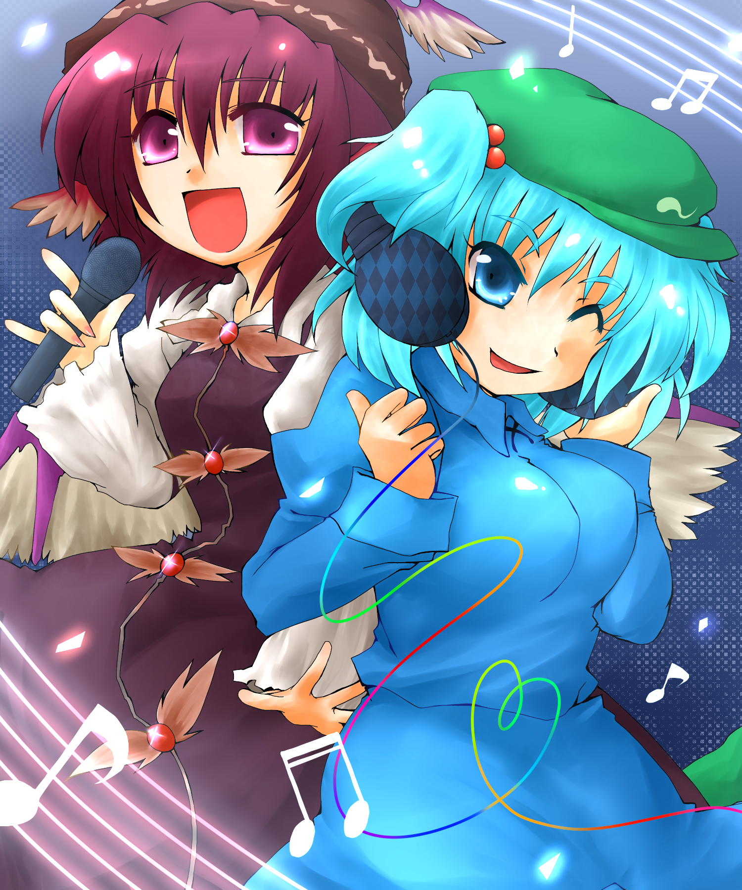 suna kiririto, kawashiro nitori, mystia lorelei, touhou, highres, 2girls, blue eyes, blue hair, female focus, hair bobbles, hair ornament, hat, microphone, multiple girls, music, musical note, musical staff, pink eyes, quaver, red hair, singing, two side up
