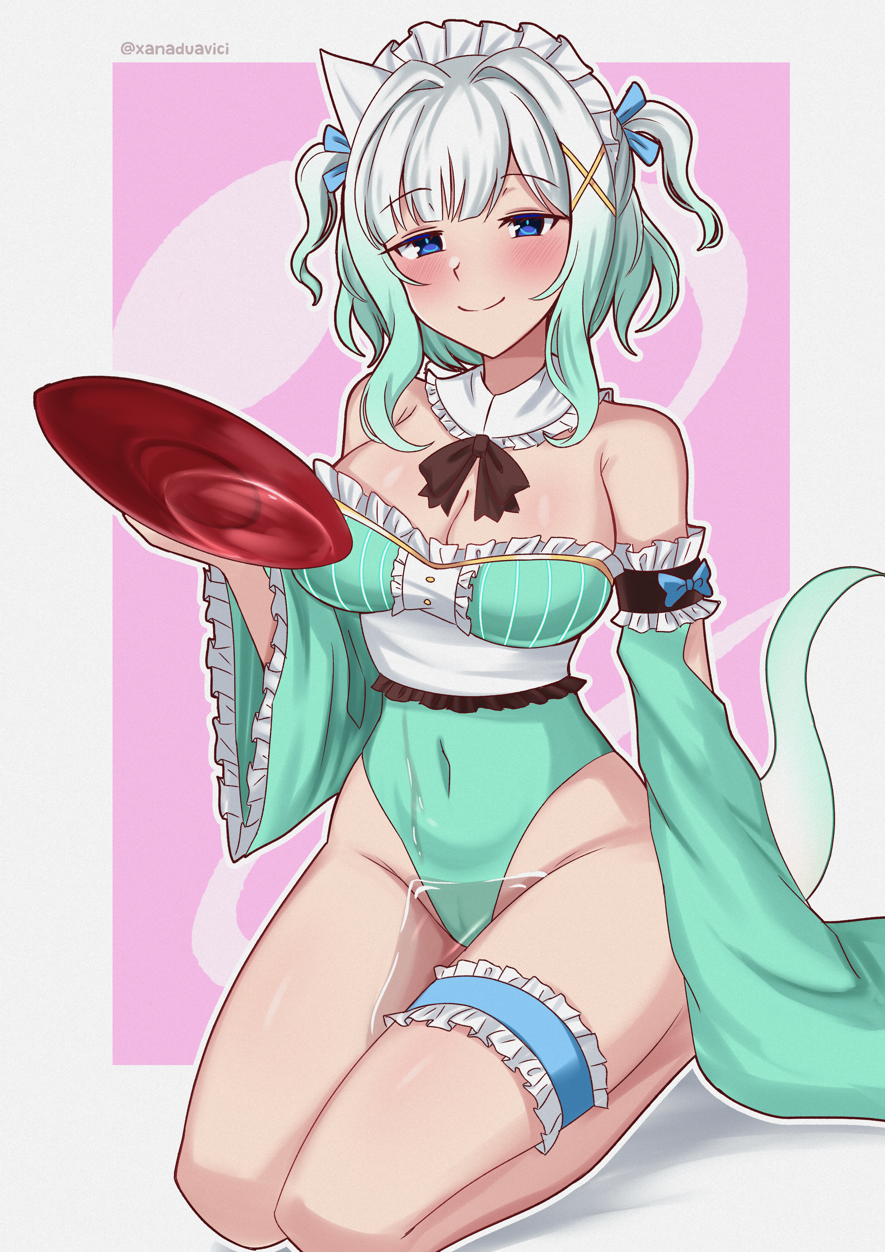 xanadu avici, mint fantome, mint fantome (minto 2.0), indie virtual youtuber, absurdres, commentary, english commentary, highres, 1girl, adapted costume, alcohol, bare shoulders, black bow, black bowtie, blue eyes, blush, border, bow, bowtie, breasts, cleavage, closed mouth, covered navel, cup, detached collar, frilled sleeves, frilled thigh strap, frills, full body, ghost tail, green hair, green leotard, hair intakes, hair ornament, highleg, highleg leotard, large breasts, leotard, long sleeves, looking at viewer, maid headdress, outside border, pink background, sakazuki, sake, seiza, sitting, sleeve garter, smile, solo, thigh strap, triangular headpiece, twitter username, two side up, virtual youtuber, white border, white hair, x hair ornament