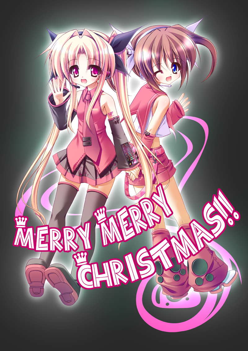 teruui, fate testarossa, hatsune miku, kagamine rin, takamachi nanoha, lyrical nanoha, mahou shoujo lyrical nanoha, vocaloid, 2girls, blonde hair, blue eyes, brown hair, christmas, cosplay, detached sleeves, hair ribbon, hatsune miku (cosplay), headphones, holding hands, kagamine rin (cosplay), kneehighs, leg warmers, loose socks, microphone, midriff, multiple girls, necktie, one eye closed, red eyes, ribbon, school uniform, serafuku, shorts, skirt, socks, thighhighs, twintails, waving, wink, zettai ryouiki