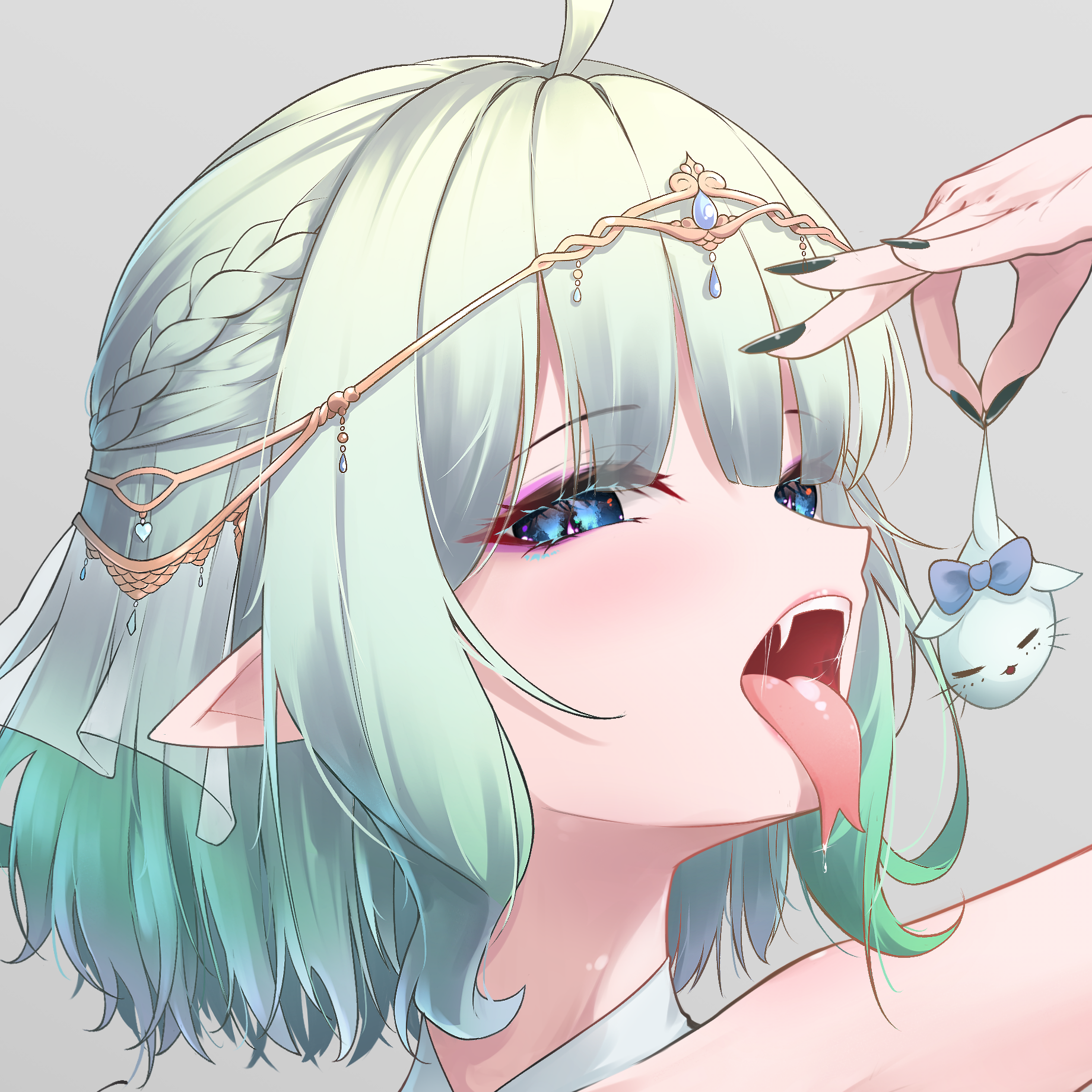 syxh, mint fantome, indie virtual youtuber, commentary, english commentary, highres, 1girl, ahoge, blue eyes, braid, close-up, eyeshadow, fangs, fingernails, forked tongue, gradient hair, green hair, green nails, grey background, half up braid, holding, imminent vore, long fingernails, looking at viewer, makeup, multicolored hair, nail polish, pointy ears, portrait, purple eyeshadow, saliva, simple background, teeth, tongue, tongue out, upper teeth only, virtual youtuber