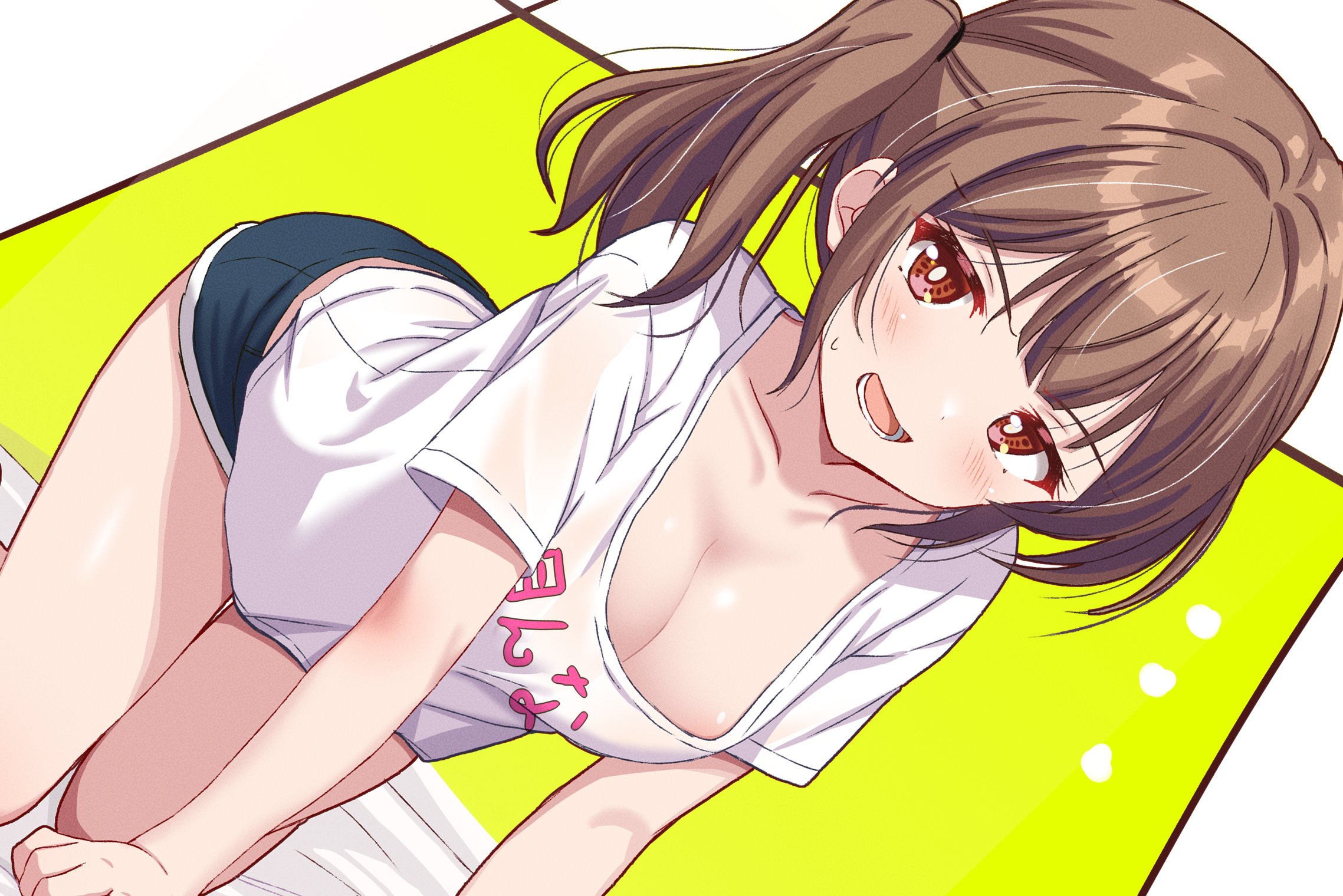 sakura mikan (chirizakura), original, commentary, highres, translated, 1girl, all fours, blush, breasts, brown eyes, brown hair, cleavage, clothes writing, collarbone, downblouse, long hair, looking at viewer, medium breasts, open mouth, shirt, short shorts, shorts, side ponytail, simple background, solo, sweatdrop, t-shirt, teeth