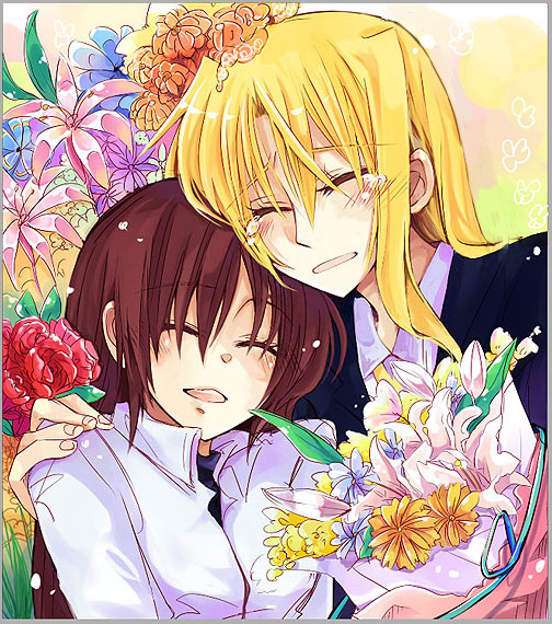 fate testarossa, takamachi nanoha, lyrical nanoha, mahou shoujo lyrical nanoha, 00s, 2girls, alternate costume, blonde hair, bouquet, brown hair, closed eyes, crying, flower, hug, multiple girls, short hair, sidelocks, tears, upper body, yuri
