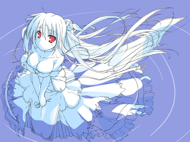 t-ray, fate testarossa, lyrical nanoha, mahou shoujo lyrical nanoha, unfinished, 00s, 1girl, female focus, long hair, monochrome, red eyes, solo, spot color, very long hair
