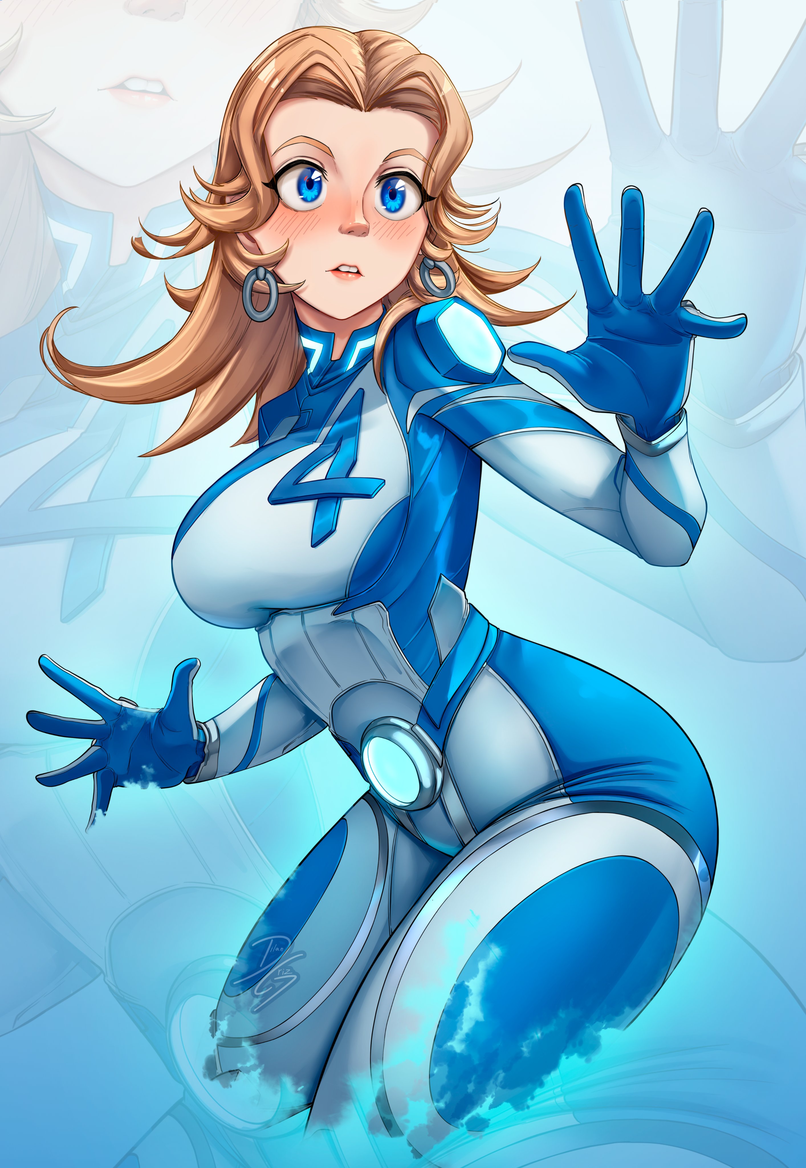dilan griz, sue storm, fantastic four, marvel, marvel rivals, absurdres, commentary, english commentary, highres, 1girl, blonde hair, blue background, blue bodysuit, blue eyes, bodysuit, breasts, cropped legs, earrings, hand up, jewelry, large breasts, long hair, looking ahead, nose, open hand, parted hair, parted lips, partially invisible, solo focus, superhero costume, two-tone bodysuit, zoom layer