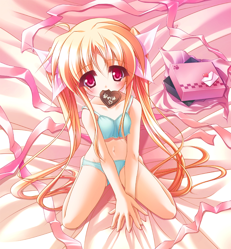 teruui, fate testarossa, lyrical nanoha, mahou shoujo lyrical nanoha, 00s, bed sheet, blonde hair, camisole, chocolate, hair ribbon, long hair, midriff, mouth hold, navel, panties, red eyes, ribbon, solo, twintails, underwear, very long hair