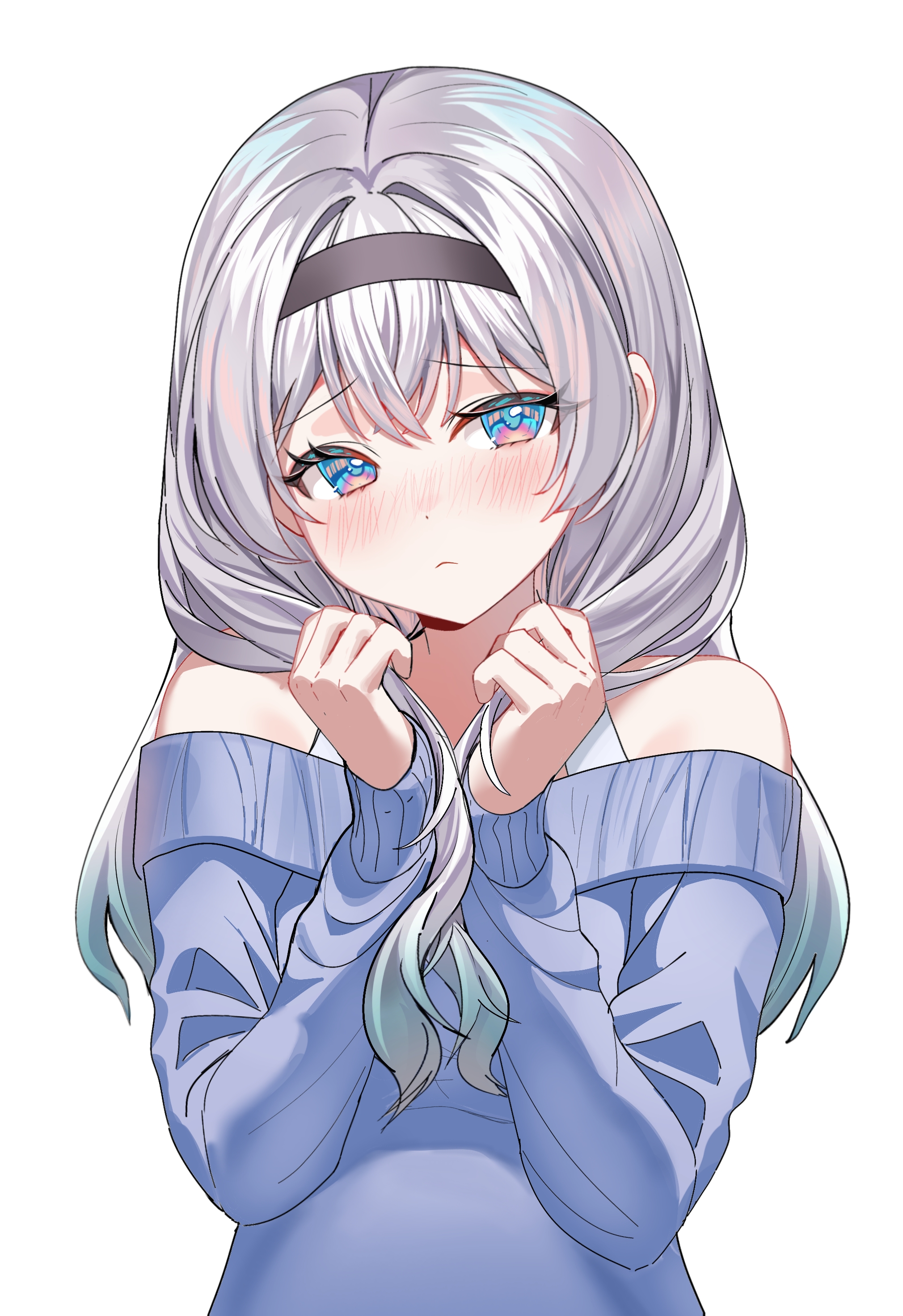 devl ga aru, firefly (honkai: star rail), honkai: star rail, honkai (series), absurdres, highres, 1girl, alternate costume, bare shoulders, black hairband, blue sweater, grey hair, hairband, long hair, long sleeves, looking at viewer, off-shoulder sweater, off shoulder, purple eyes, simple background, solo, sweater, upper body, white background