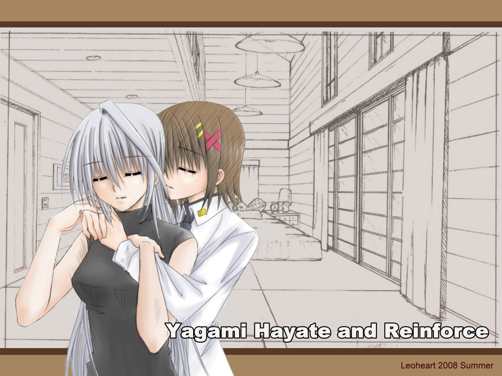 leoheart, reinforce, yagami hayate, lyrical nanoha, mahou shoujo lyrical nanoha, silver hair, 00s, 2girls, brown hair, closed eyes, hug, long hair, multiple girls, short hair, yuri