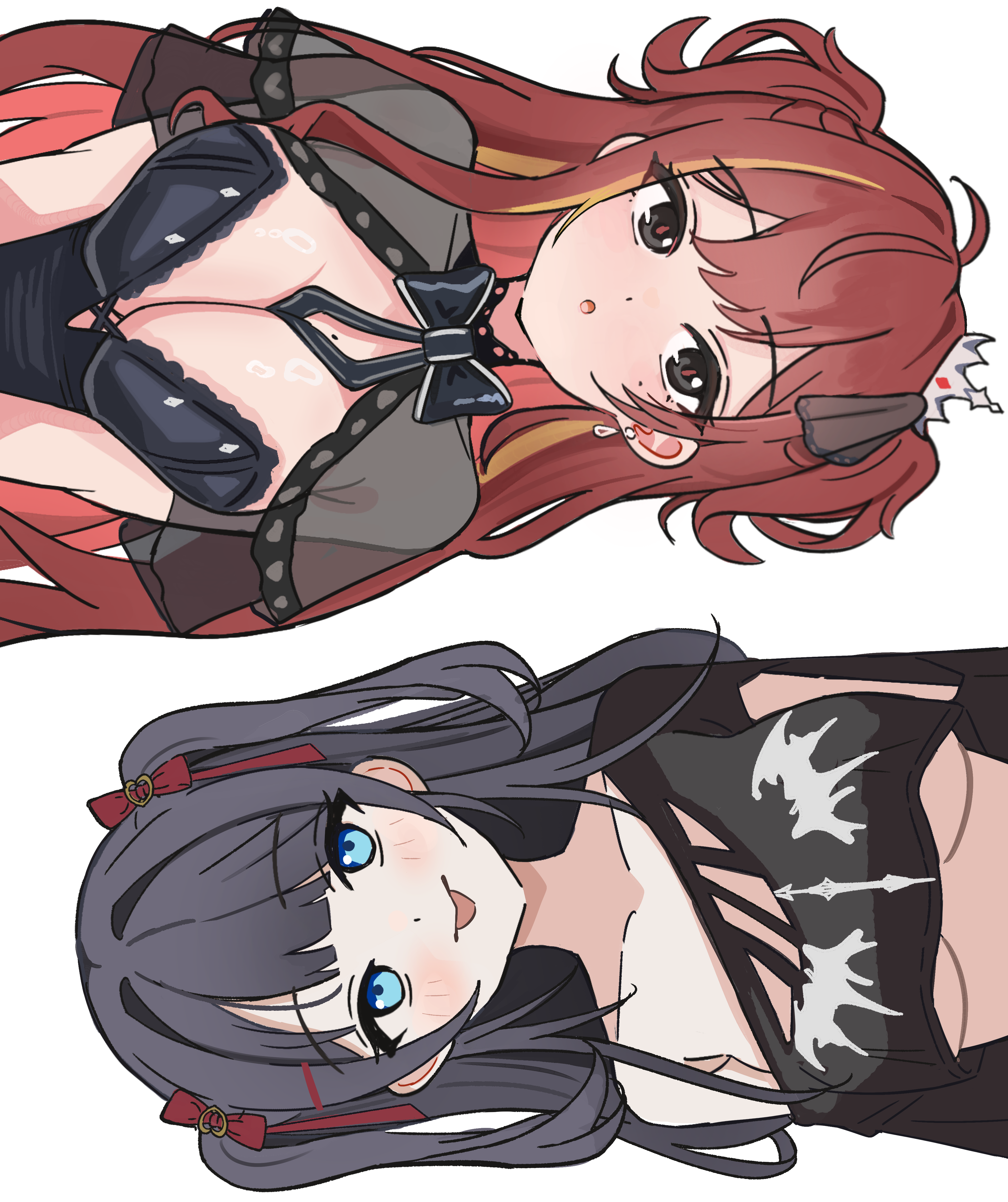 duda (duda1), akane lize, shirayuki hina, stellive, absurdres, commentary, highres, korean commentary, 2girls, :o, :p, ahoge, armpit crease, black bow, black bowtie, black bustier, black hair, black shirt, blue eyes, blush, bow, bowtie, breasts, breasts squeezed together, capelet, cleavage, closed mouth, collarbone, crop top, crop top overhang, cropped shirt, crown, double-parted bangs, earrings, eyes visible through hair, grey capelet, grey eyes, grey ribbon, hair bow, hair ornament, hair ribbon, head tilt, heart, heart hair ornament, jewelry, large breasts, long hair, looking at viewer, mini crown, mole, mole on breast, mole under eye, multicolored hair, multiple girls, open mouth, print shirt, red bow, red hair, ribbon, rotational symmetry, see-through capelet, see-through clothes, shirt, side-by-side, sideways, silver crown, simple background, single bare shoulder, single off shoulder, smile, streaked hair, swept bangs, tilted headwear, tongue, tongue out, torn clothes, torn shirt, two side up, underboob, upper body, virtual youtuber, white background
