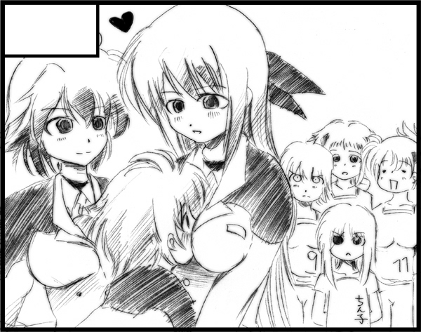 cinque (nanoha), erio mondial, ginga nakajima, numbers (nanoha), subaru nakajima, lyrical nanoha, mahou shoujo lyrical nanoha, mahou shoujo lyrical nanoha strikers, 00s, 1boy, 6+girls, breast smother, eyepatch, greyscale, heart, monochrome, multiple girls, siblings, sisters, smile