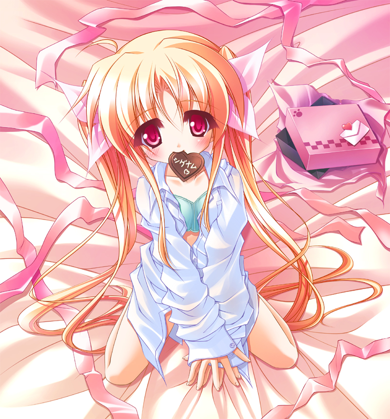 teruui, fate testarossa, lyrical nanoha, mahou shoujo lyrical nanoha, 00s, 1girl, bed sheet, blonde hair, bottomless, chocolate, female focus, hair ribbon, lingerie, long hair, mouth hold, no pants, open clothes, open shirt, red eyes, ribbon, shirt, solo, twintails, underwear, very long hair