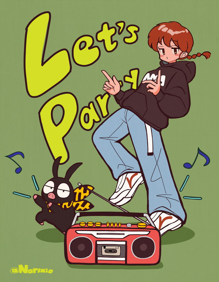 norixio, p-chan, ranma-chan, ranma 1/2, 1girl, bandana, black hoodie, boombox, braid, braided ponytail, dancing, denim, english text, full body, green background, hood, hoodie, jeans, music, pants, pig, red hair, shoes, simple background, sneakers, twitter username, white shoes, yellow bandana