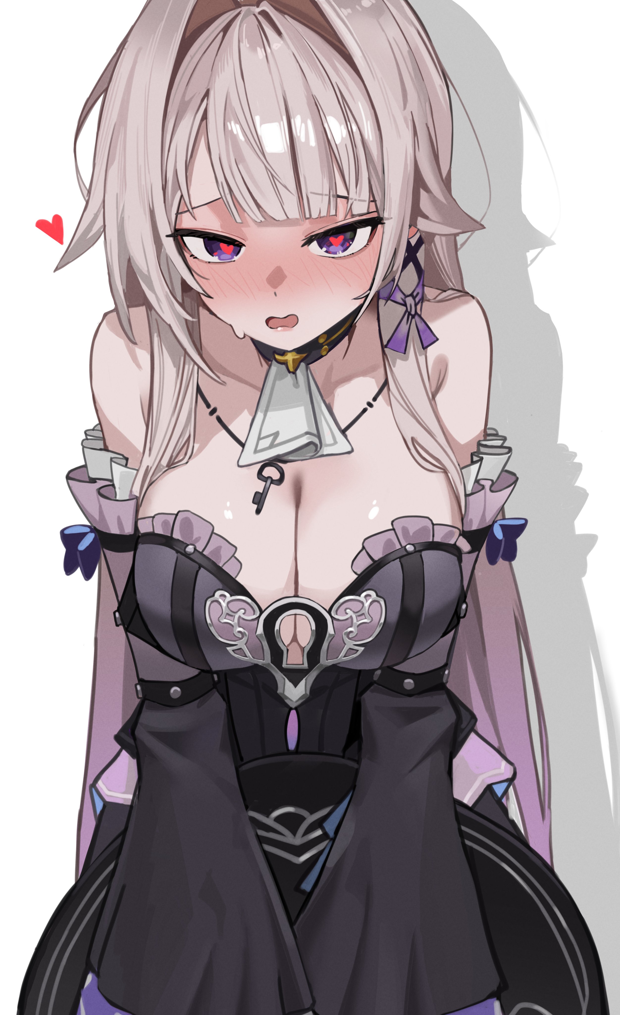 seueo, herta (honkai: star rail), the herta (honkai: star rail), honkai: star rail, honkai (series), absurdres, hashtag-only commentary, highres, 1girl, alternate breast size (larger), bare shoulders, black dress, breasts, brown hair, cleavage, detached sleeves, dress, hat, heart, heart-shaped pupils, holding, holding unworn clothes, holding unworn hat, large breasts, long hair, looking at viewer, purple eyes, simple background, solo, symbol-shaped pupils, unworn hat, unworn headwear, very long hair, white background, witch hat