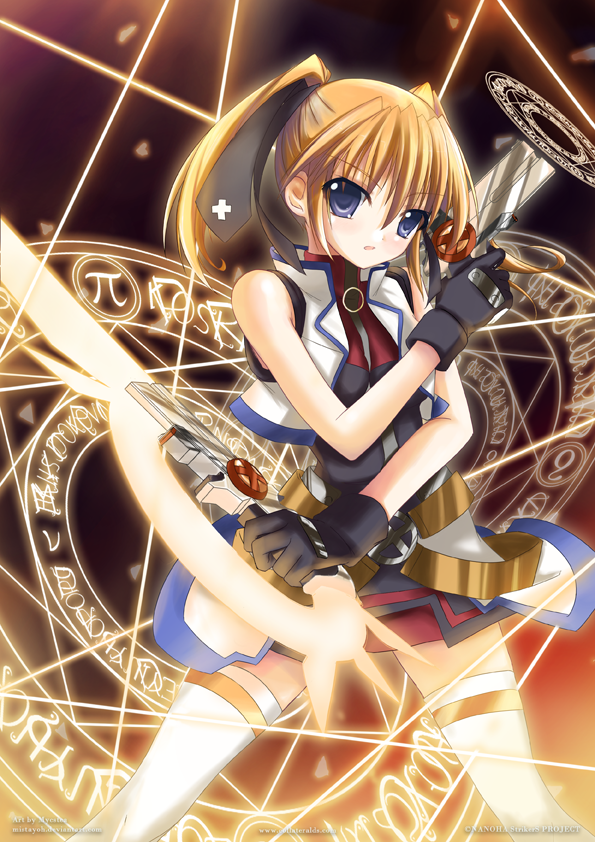 mycstea, cross mirage, teana lanster, lyrical nanoha, mahou shoujo lyrical nanoha, mahou shoujo lyrical nanoha strikers, 00s, 1girl, blue eyes, dual wielding, female focus, gun, holding, magic circle, octagram, orange hair, solo, thighhighs, twintails, weapon, zettai ryouiki