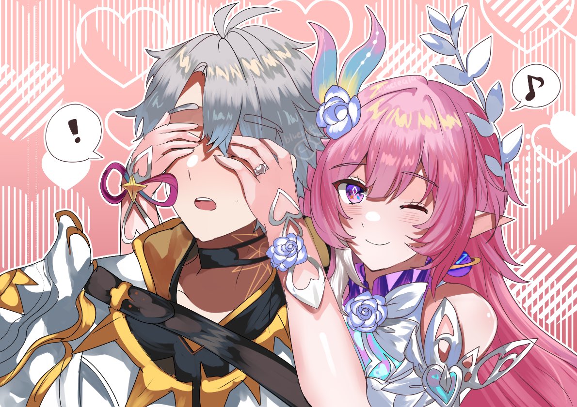 blue sealad, cyrene (honkai: star rail), cyrene (ripples of past reverie) (honkai: star rail), phainon (honkai: star rail), honkai: star rail, honkai (series), !, 1boy, 1girl, ;), ahoge, bare shoulders, coat, covering another's eyes, diamond-shaped pupils, diamond (shape), dress, earrings, grey hair, halo, jewelry, long hair, multicolored hair, musical note, one eye closed, pink background, pink hair, pointy ears, purple eyes, short hair, smile, spoken exclamation mark, spoken musical note, symbol-shaped pupils, two-tone hair, very long hair, white coat, white dress, white hair