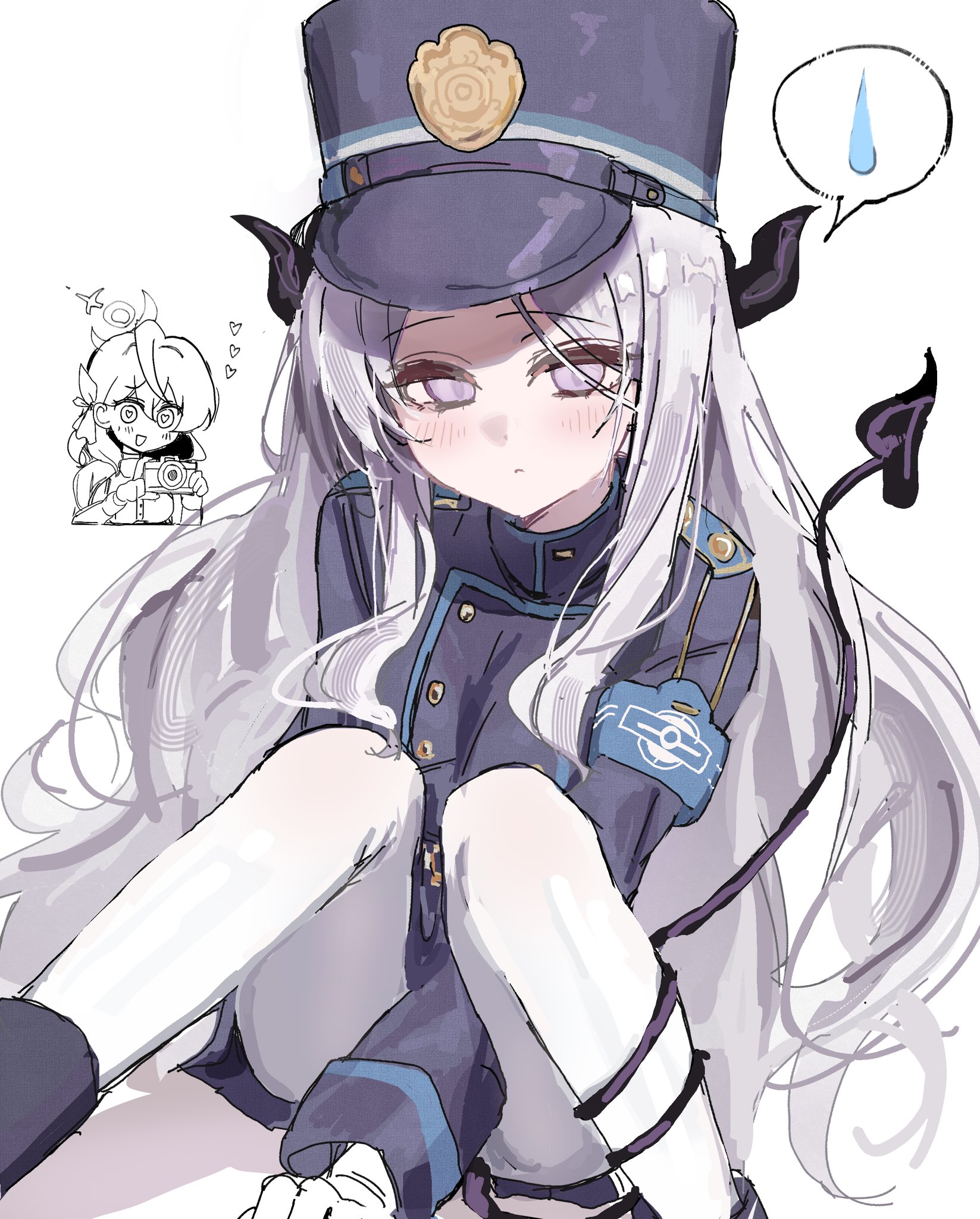 yuusaoconomi, ako (blue archive), hikari (blue archive), hina (blue archive), blue archive, highres, 2girls, blush, breasts, camera, cosplay, demon girl, demon horns, halo, hat, hikari (blue archive) (cosplay), holding, holding camera, horns, looking at viewer, multiple girls, purple eyes, simple background, sitting, small breasts, tail