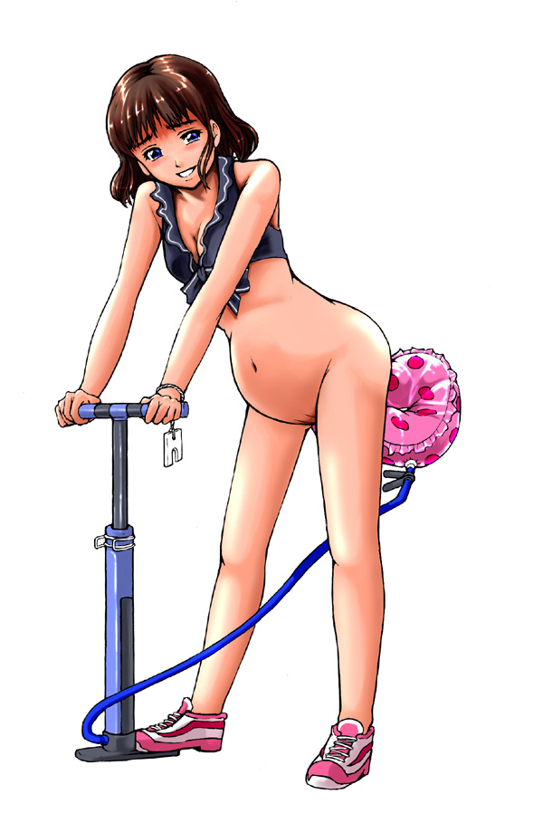 mayonnaise (ringo gakuen), original, 1girl, air pump, bicycle pump, blue eyes, blush, bottomless, brown hair, female focus, full body, inflation, innertube, large insertion, no socks, object insertion, pink shoes, pump, shoes, simple background, smile, sneakers, solo, standing, stomach bulge, swim ring, tears, white background