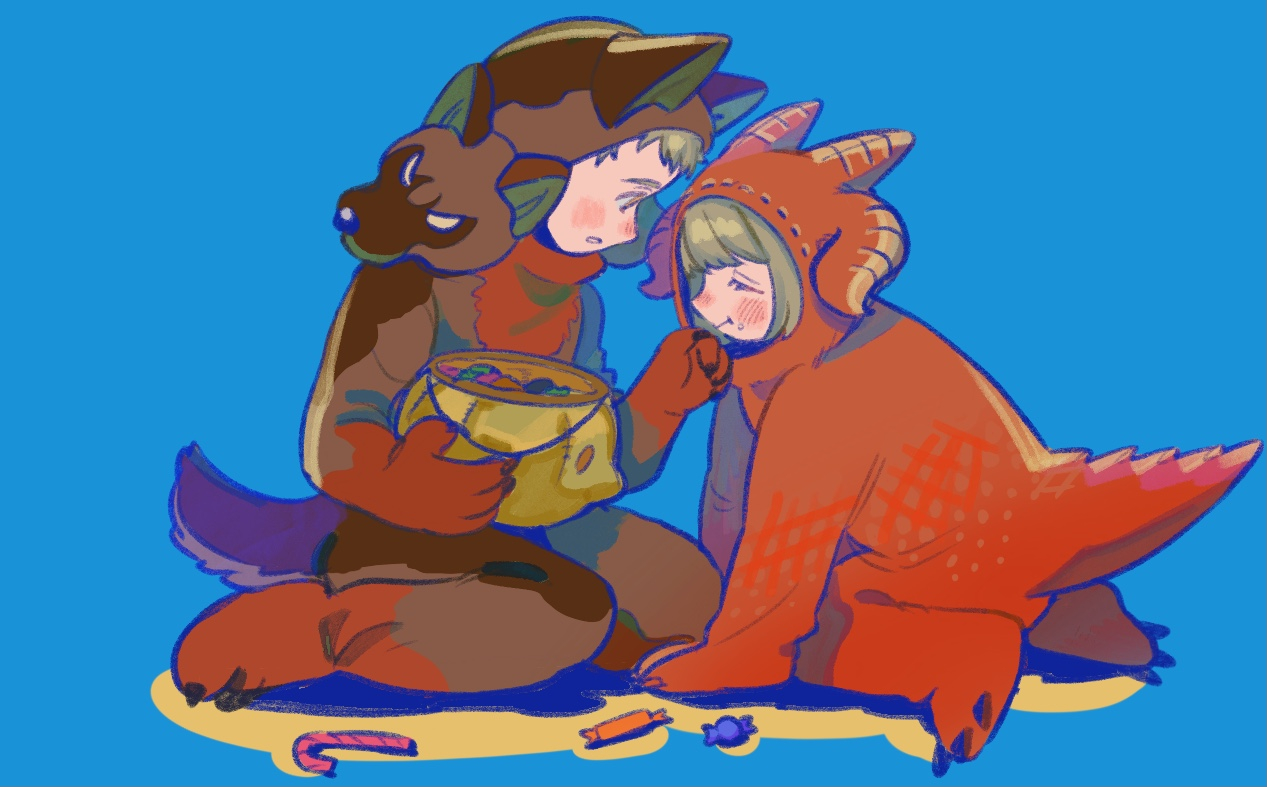 29 kyuu, dryad fruit (dungeon meshi), falin touden, laios touden, dungeon meshi, commentary request, 1boy, 1girl, aged down, animal ears, blue background, brother and sister, brown hair, candy, candy cane, candy wrapper, cerberus costume, cosplay, dog ears, dog tail, dragon horns, dragon tail, eating, food, food on face, halloween bucket, halloween costume, horns, kneeling, onesie, parted lips, red dragon (dungeon meshi), red dragon (dungeon meshi) (cosplay), siblings, tail