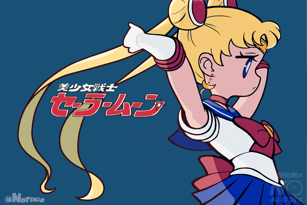 norixio, sailor moon, tsukino usagi, bishoujo senshi sailor moon, 1girl, blonde hair, blue eyes, blue sailor collar, bow, choker, copyright name, crescent, crescent earrings, double bun, earrings, elbow gloves, gloves, hair bun, hair ornament, jewelry, long hair, magical girl, red bow, red choker, sailor collar, sailor senshi uniform, skirt, solo, transformation brooch (sailor moon), twintails, twitter username, white gloves