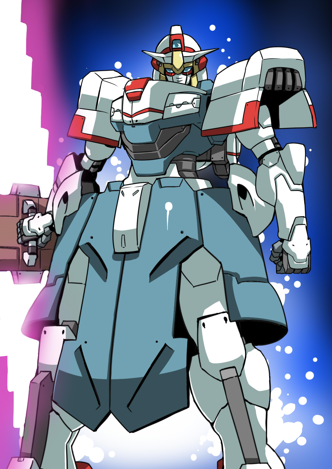 tukiwani, alice margatroid, gundam, touhou, highres, arm at side, armor, blue eyes, clenched hand, female focus, gradient background, holding, light particles, looking at viewer, mecha, mechanization, no humans, robot, standing