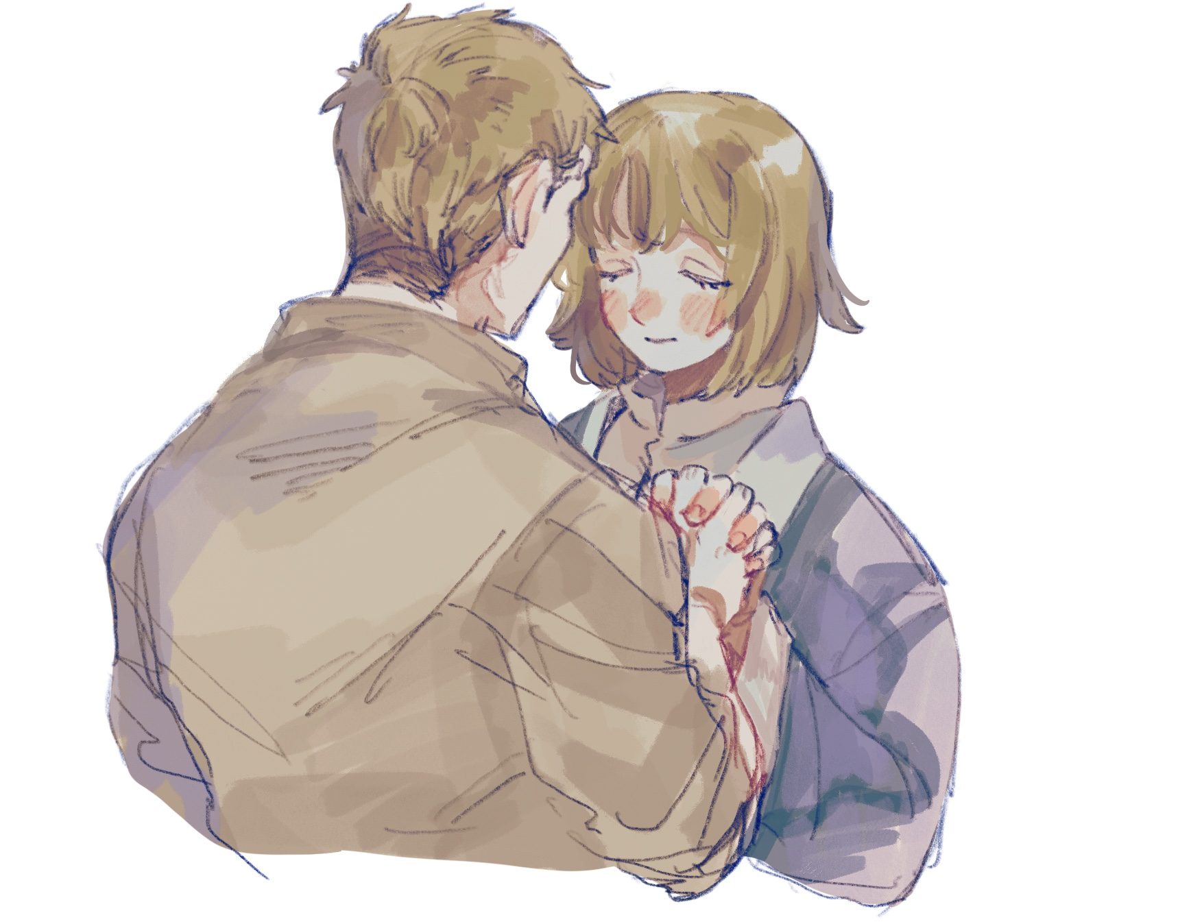 29 kyuu, falin touden, laios touden, dungeon meshi, commentary request, highres, 1boy, 1girl, blue coat, brother and sister, brown hair, closed eyes, coat, eyelashes, from behind, interlocked fingers, light blush, medium hair, shirt, short hair, siblings, upper body, white background, white shirt, wide sleeves